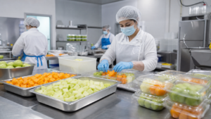 食品加工厂场景中的塑料果蔬盒、塑料袋和果蔬托盘应用